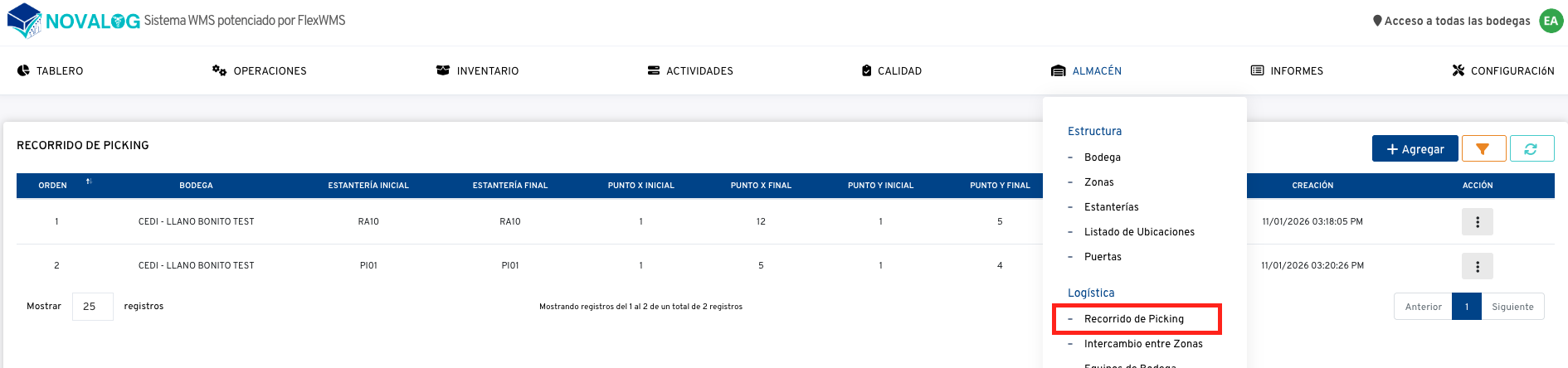 Acceso a recorrido de picking