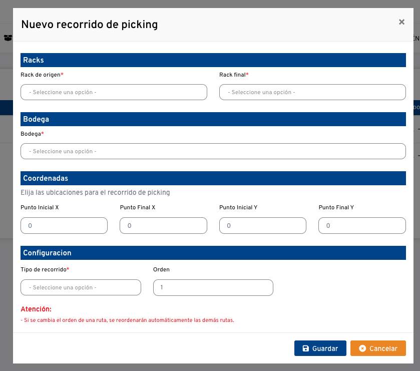 Acceso a configuración de recorrido de picking