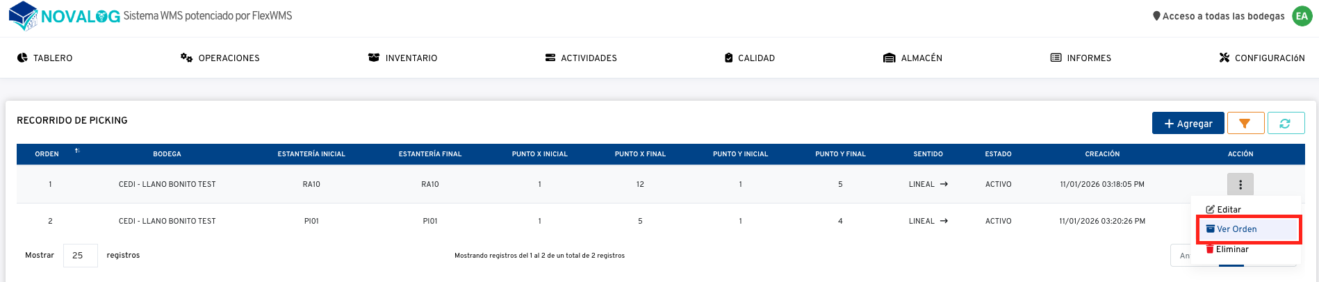 Acceso a orden de recorrido de recorrido de picking
