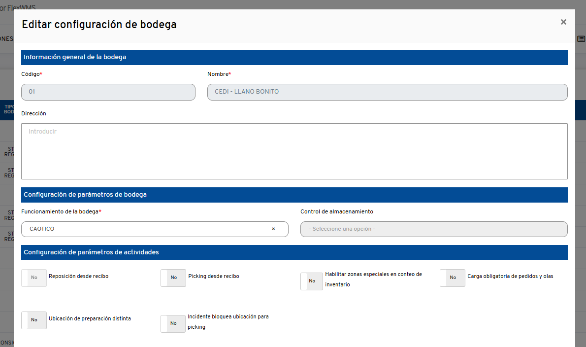 Parametros de bodega